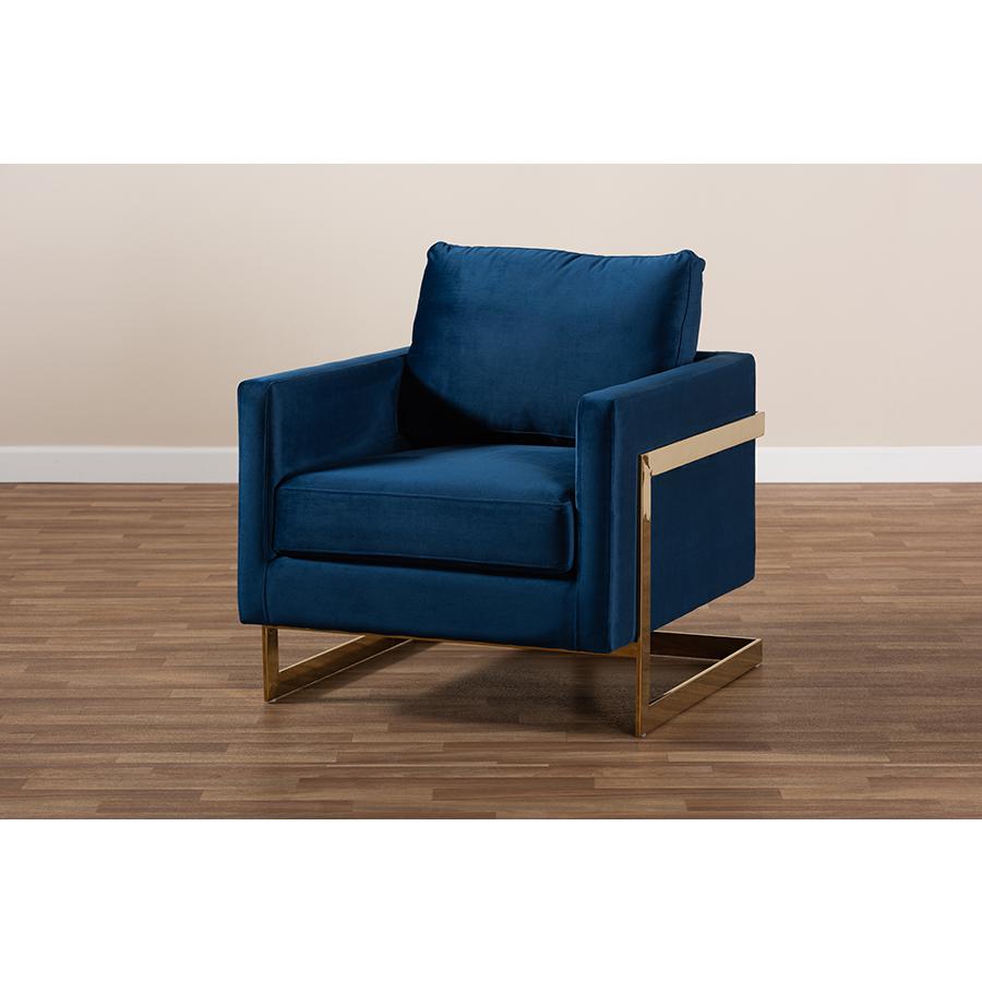 Matteo Glam and Luxe Royal Blue Velvet Fabric Upholstered Gold Finished Armchair. Picture 8