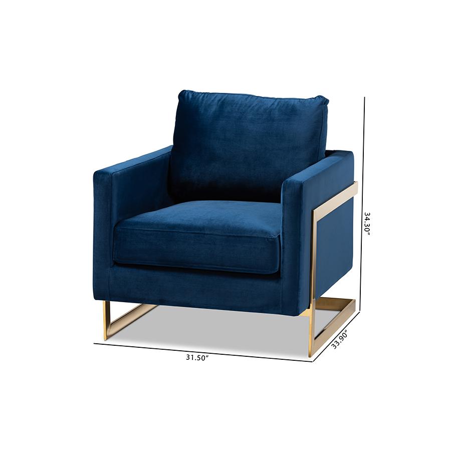 Matteo Glam and Luxe Royal Blue Velvet Fabric Upholstered Gold Finished Armchair. Picture 9