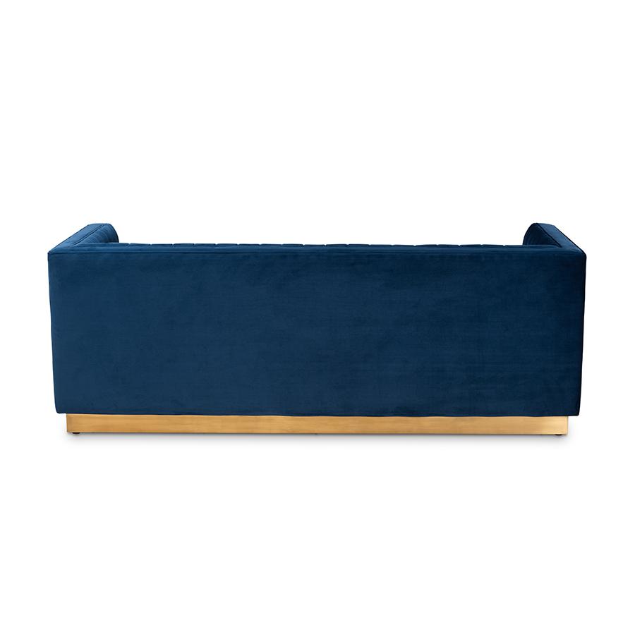 Luxe Navy Blue Velvet Fabric Upholstered Brushed Gold Finished Sofa. Picture 4