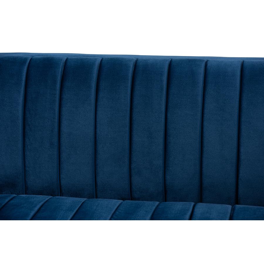 Luxe Navy Blue Velvet Fabric Upholstered Brushed Gold Finished Sofa. Picture 5