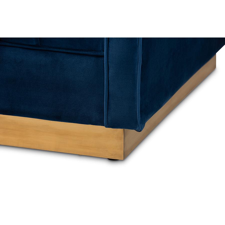 Luxe Navy Blue Velvet Fabric Upholstered Brushed Gold Finished Sofa. Picture 6