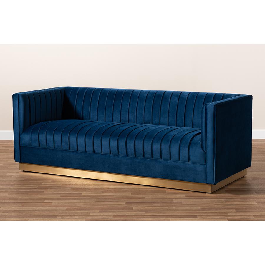 Luxe Navy Blue Velvet Fabric Upholstered Brushed Gold Finished Sofa. Picture 8