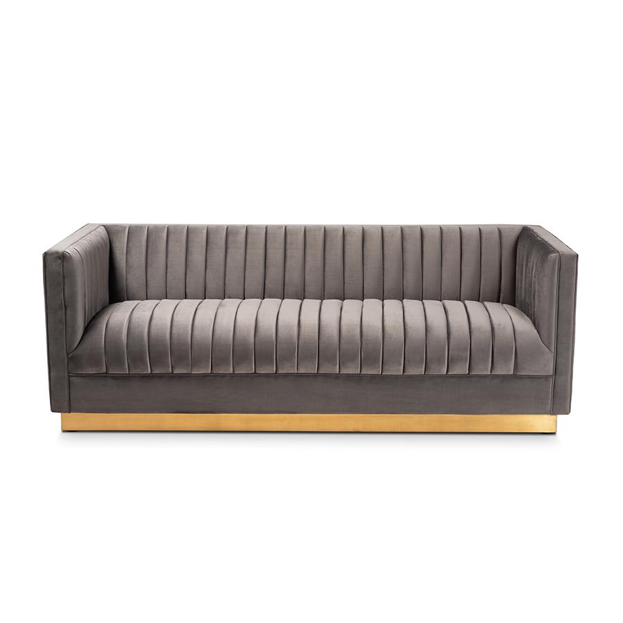 Baxton Studio Aveline Glam and Luxe Grey Velvet Fabric Upholstered Brushed Gold Finished Sofa. Picture 3