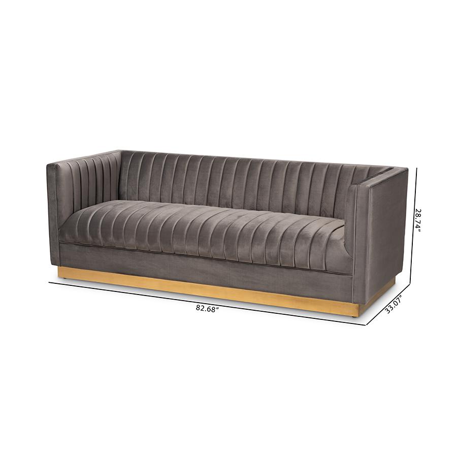 Baxton Studio Aveline Glam and Luxe Grey Velvet Fabric Upholstered Brushed Gold Finished Sofa. Picture 10