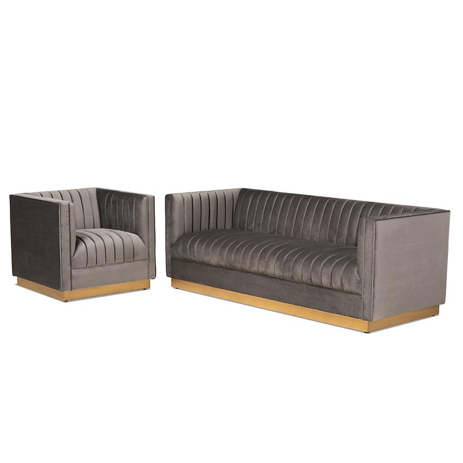 Baxton Studio Aveline Glam and Luxe Grey Velvet Fabric Upholstered Brushed Gold Finished 2-Piece Living Room Set. Picture 1