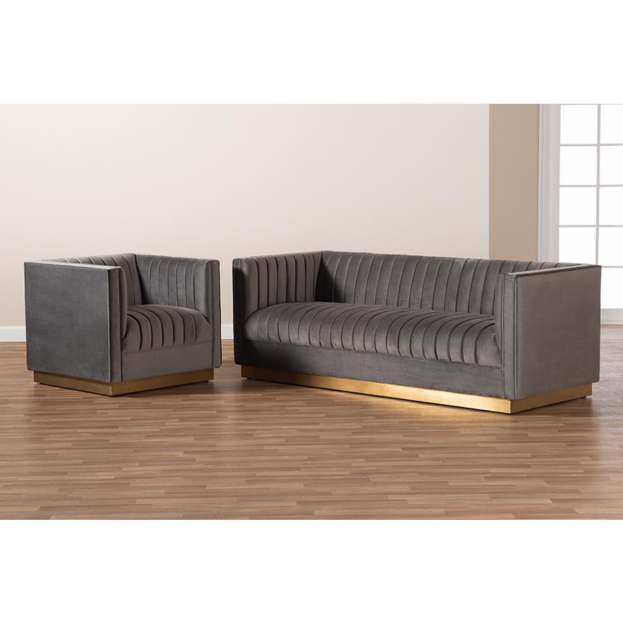 Baxton Studio Aveline Glam and Luxe Grey Velvet Fabric Upholstered Brushed Gold Finished 2-Piece Living Room Set. Picture 7