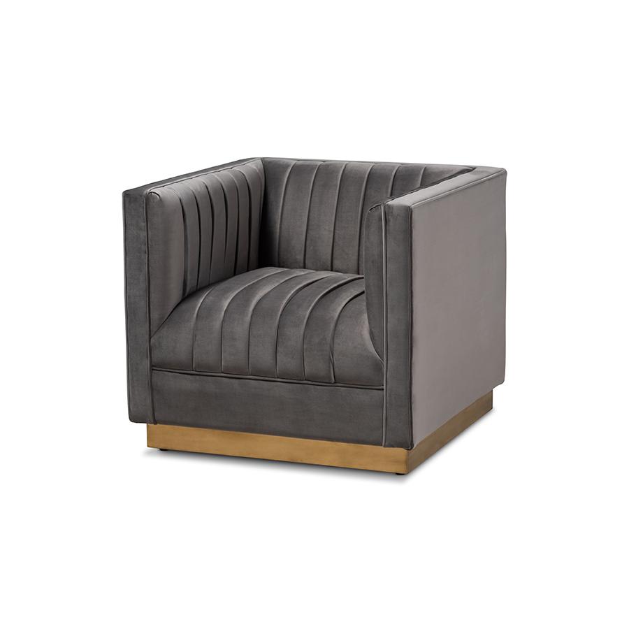 Baxton Studio Aveline Glam and Luxe Grey Velvet Fabric Upholstered Brushed Gold Finished Armchair. Picture 2