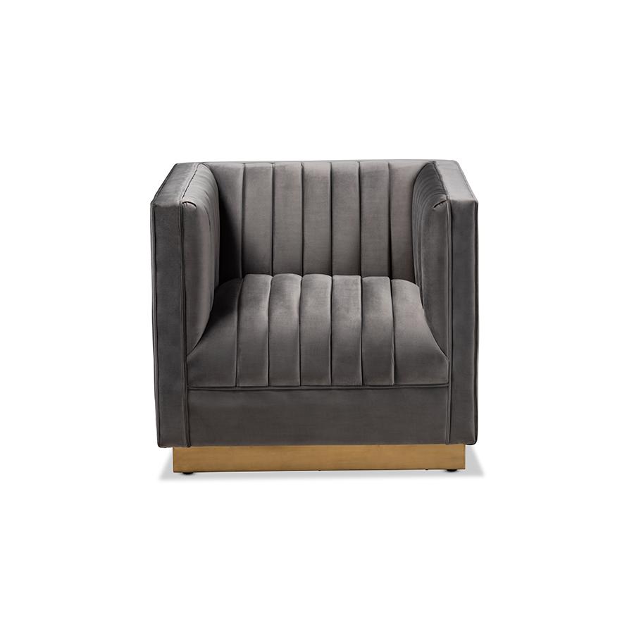 Baxton Studio Aveline Glam and Luxe Grey Velvet Fabric Upholstered Brushed Gold Finished Armchair. Picture 3