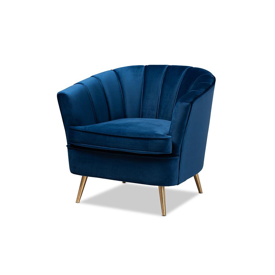 Luxe Navy Blue Velvet Fabric Upholstered Brushed Gold Finished Accent Chair. Picture 1