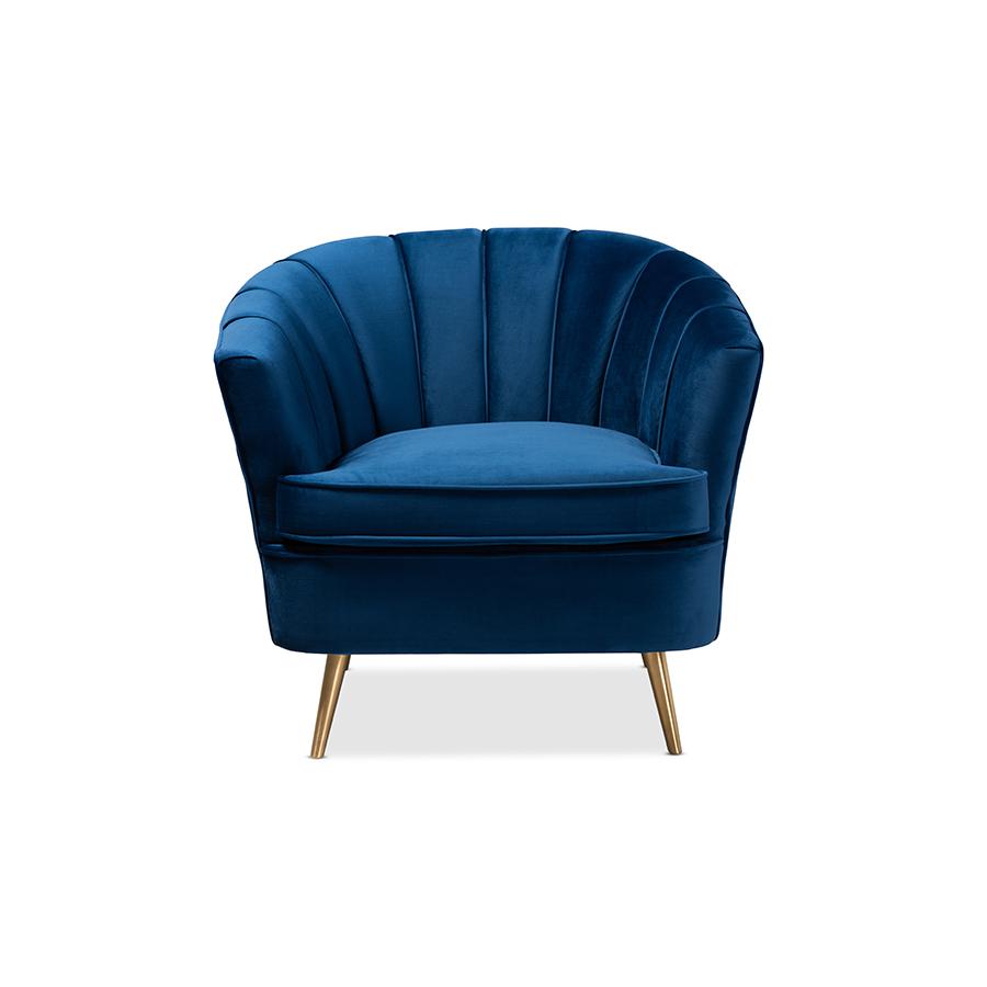 Luxe Navy Blue Velvet Fabric Upholstered Brushed Gold Finished Accent Chair. Picture 2