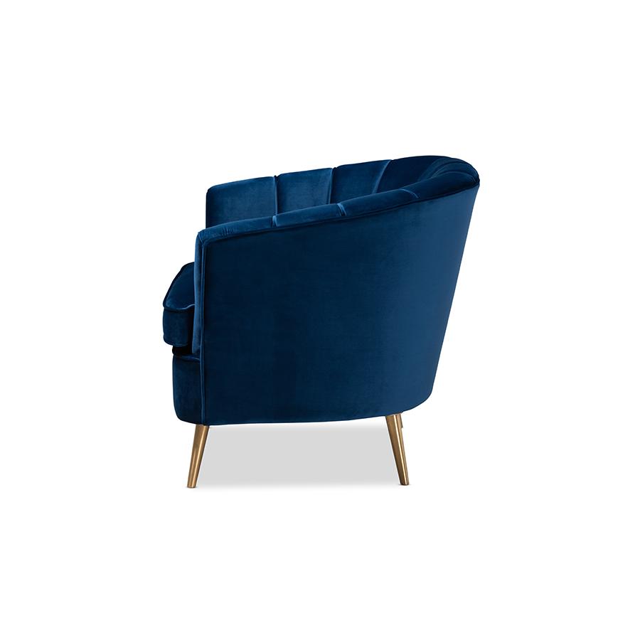 Luxe Navy Blue Velvet Fabric Upholstered Brushed Gold Finished Accent Chair. Picture 3