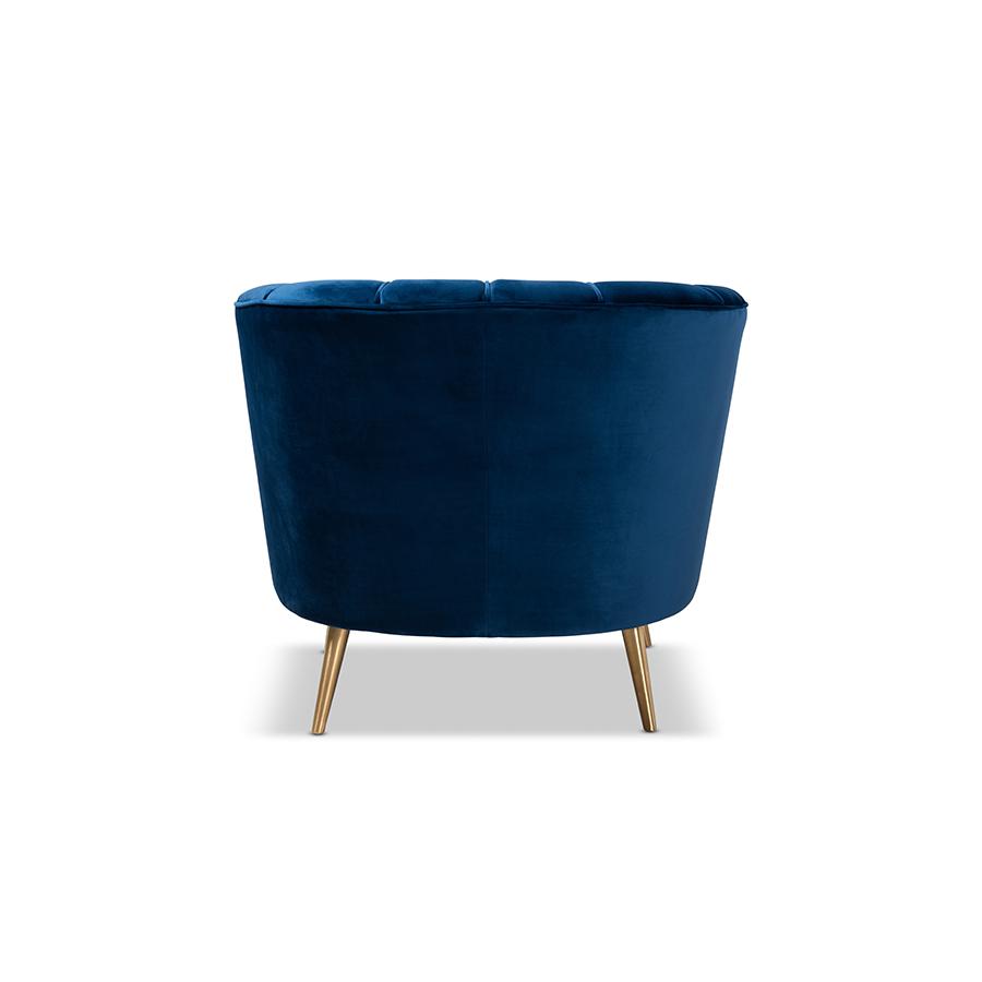 Luxe Navy Blue Velvet Fabric Upholstered Brushed Gold Finished Accent Chair. Picture 4