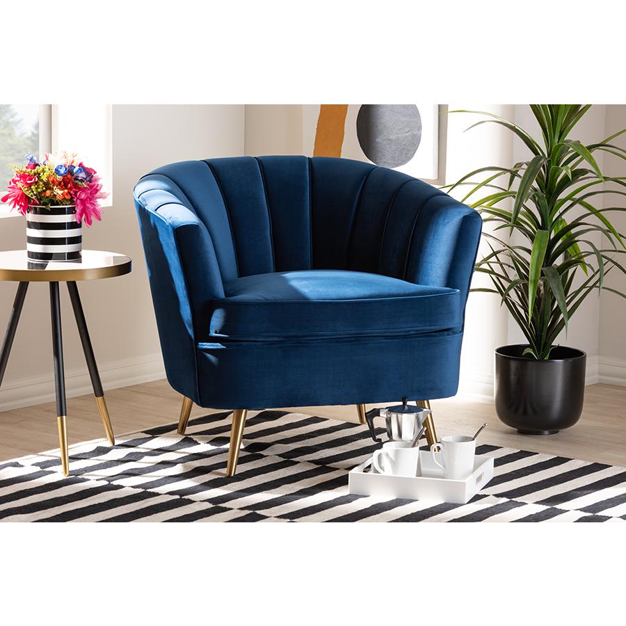 Luxe Navy Blue Velvet Fabric Upholstered Brushed Gold Finished Accent Chair. Picture 7