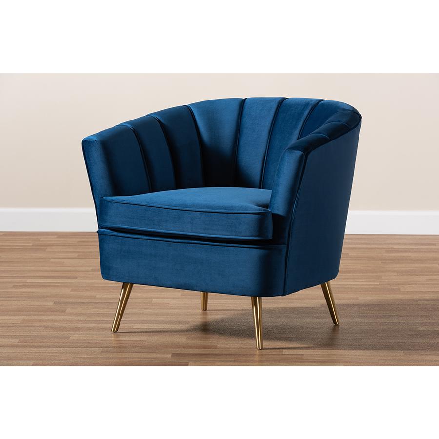 Baxton Studio Emeline Glam and Luxe Navy Blue Velvet Fabric Upholstered Brushed Gold Finished Accent Chair. Picture 1