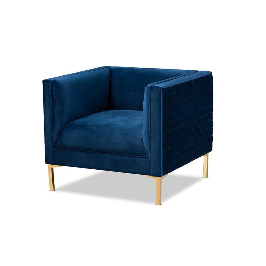 Luxe Navy Blue Velvet Fabric Upholstered Gold Finished Armchair. Picture 1