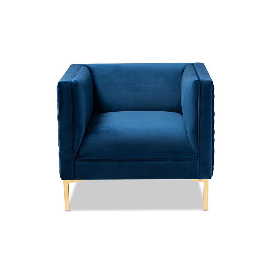Luxe Navy Blue Velvet Fabric Upholstered Gold Finished Armchair. Picture 2