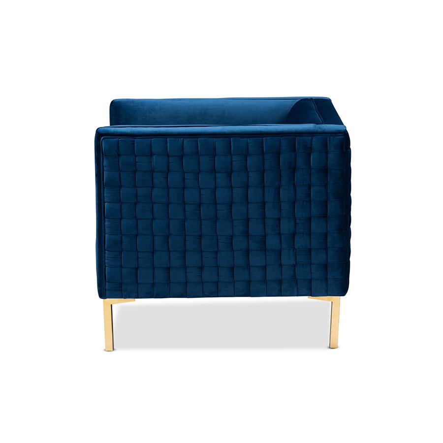 Baxton Studio Seraphin Glam and Luxe Navy Blue Velvet Fabric Upholstered Gold Finished Armchair. Picture 4