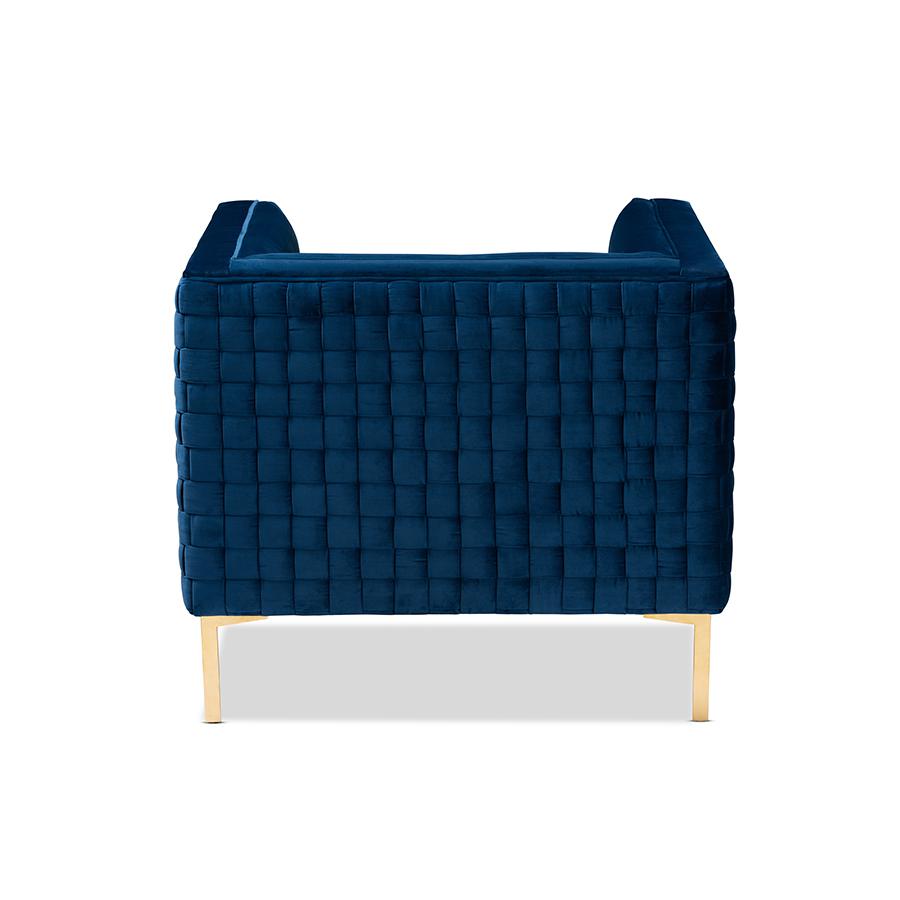 Baxton Studio Seraphin Glam and Luxe Navy Blue Velvet Fabric Upholstered Gold Finished Armchair. Picture 5
