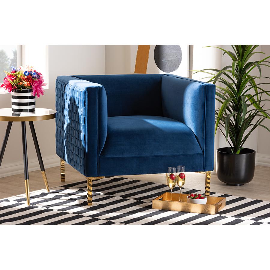 Luxe Navy Blue Velvet Fabric Upholstered Gold Finished Armchair. Picture 7
