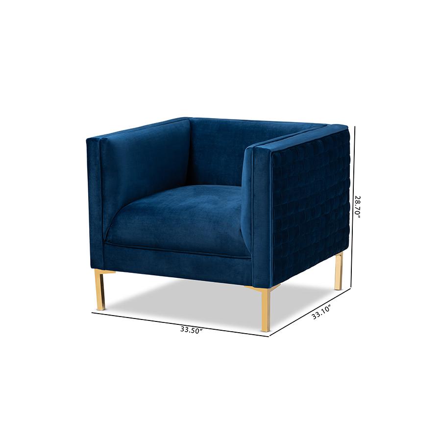 Luxe Navy Blue Velvet Fabric Upholstered Gold Finished Armchair. Picture 9