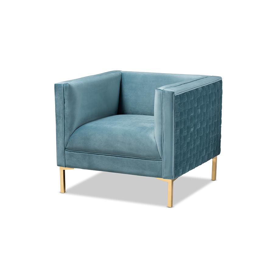 Luxe Light Blue Velvet Fabric Upholstered Gold Finished Armchair. Picture 1