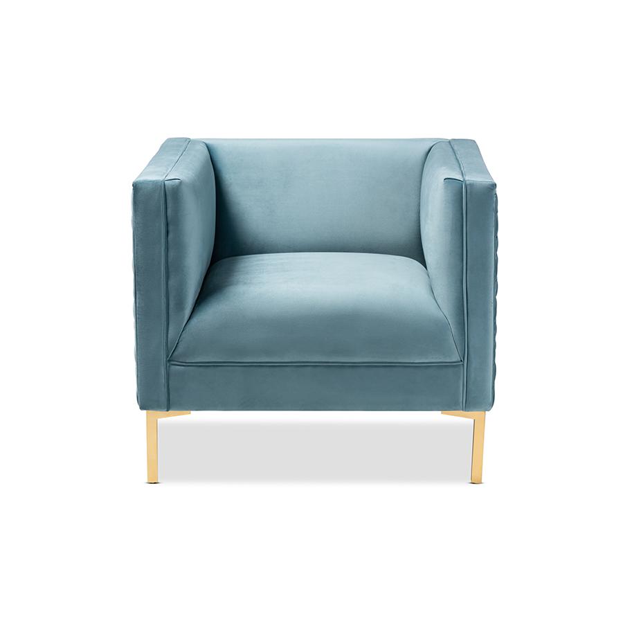 Luxe Light Blue Velvet Fabric Upholstered Gold Finished Armchair. Picture 2