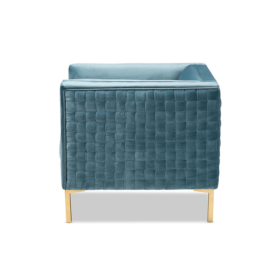 Baxton Studio Seraphin Glam and Luxe Light Blue Velvet Fabric Upholstered Gold Finished Armchair. Picture 4