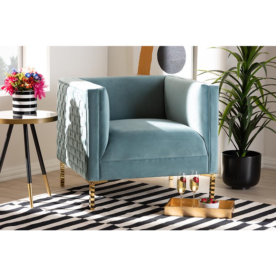 Baxton Studio Seraphin Glam and Luxe Light Blue Velvet Fabric Upholstered Gold Finished Armchair. Picture 8