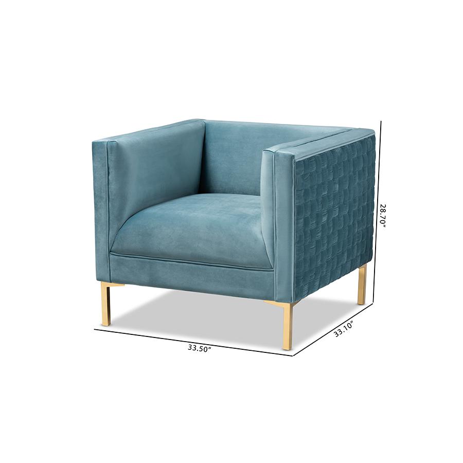 Luxe Light Blue Velvet Fabric Upholstered Gold Finished Armchair. Picture 9