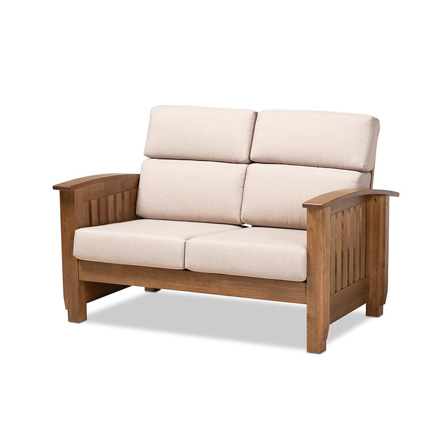 Charlotte Modern Classic Mission Style Taupe Fabric Upholstered Walnut Brown Finished Wood 2-Seater Loveseat. The main picture.