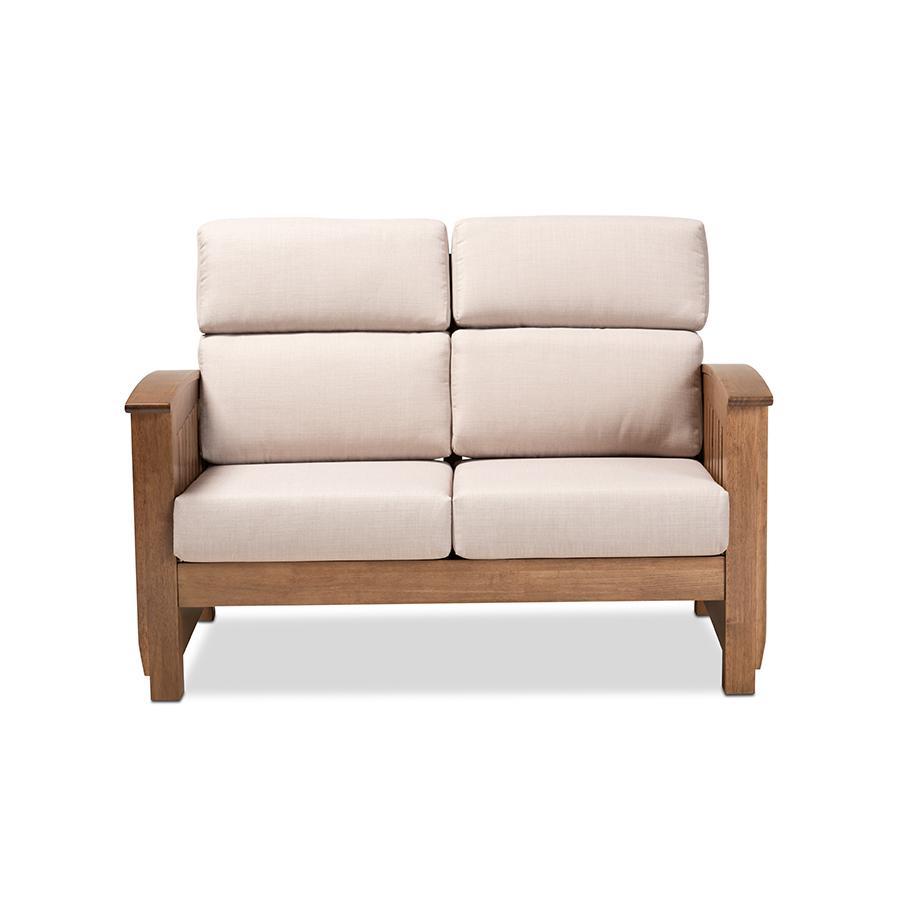 Charlotte Modern Classic Mission Style Taupe Fabric Upholstered Walnut Brown Finished Wood 2-Seater Loveseat. Picture 2
