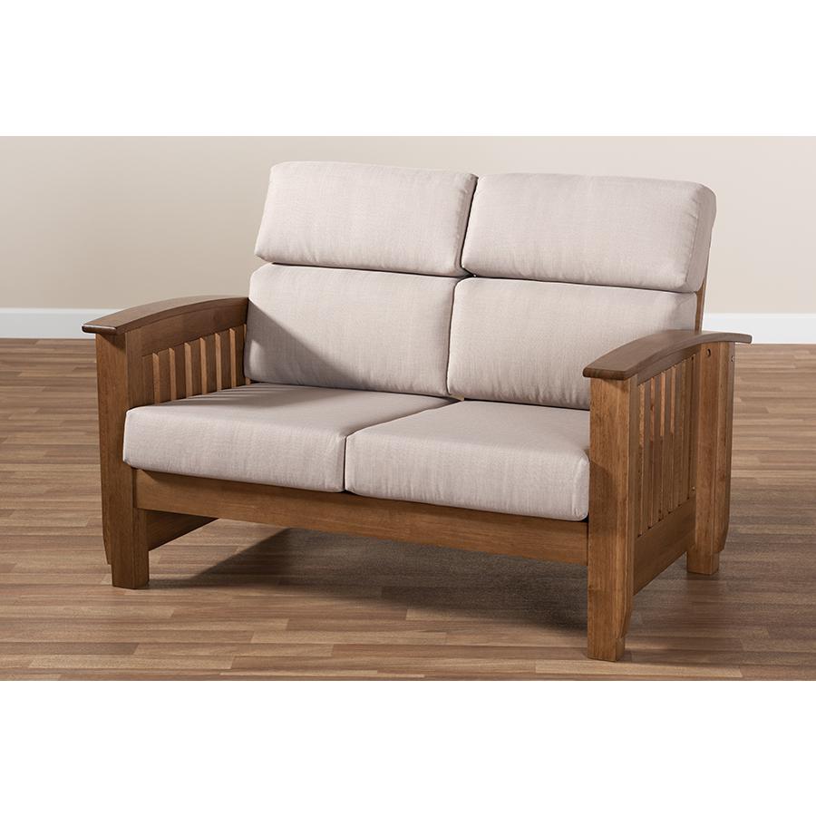 Charlotte Modern Classic Mission Style Taupe Fabric Upholstered Walnut Brown Finished Wood 2-Seater Loveseat. Picture 8