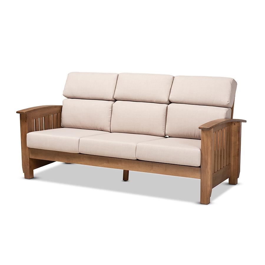 Charlotte Modern Classic Mission Style Taupe Fabric Upholstered Walnut Brown Finished Wood 3-Seater Sofa. The main picture.