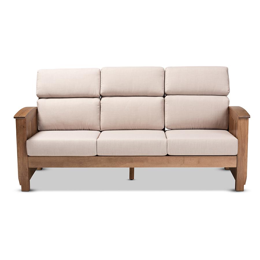 Charlotte Modern Classic Mission Style Taupe Fabric Upholstered Walnut Brown Finished Wood 3-Seater Sofa. Picture 2