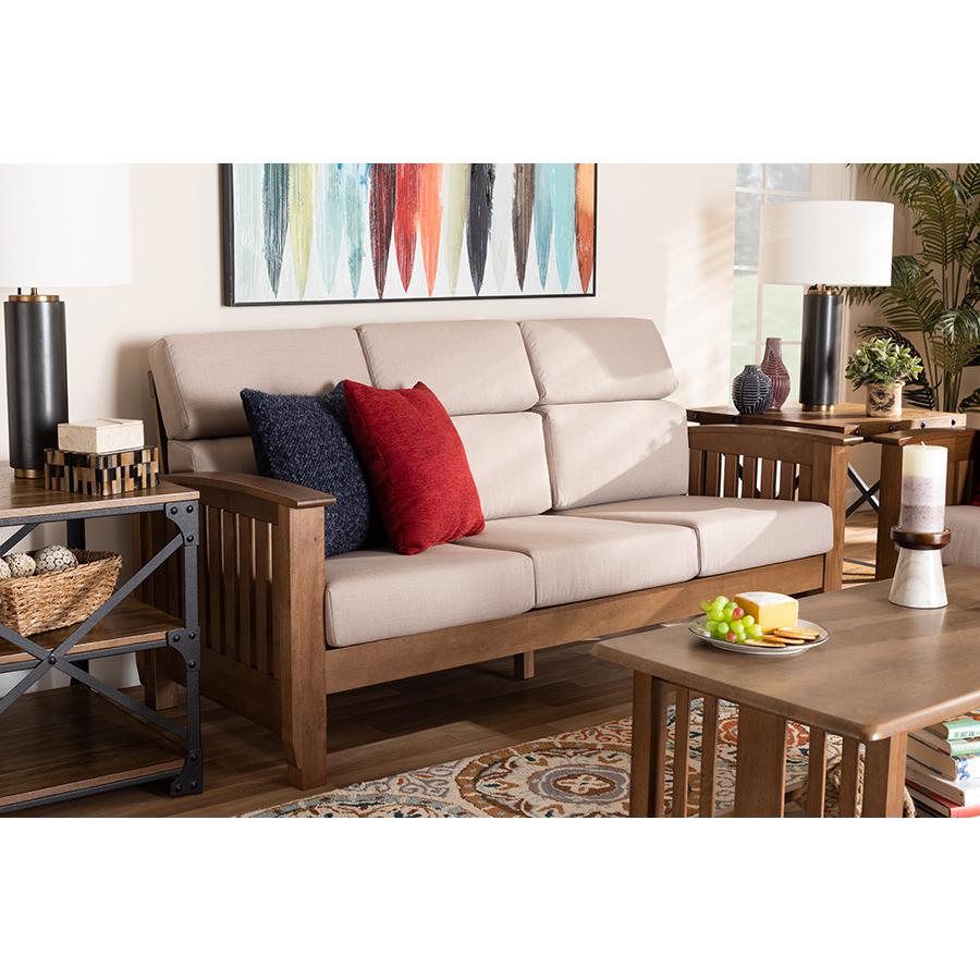 Charlotte Modern Classic Mission Style Taupe Fabric Upholstered Walnut Brown Finished Wood 3-Seater Sofa. Picture 7