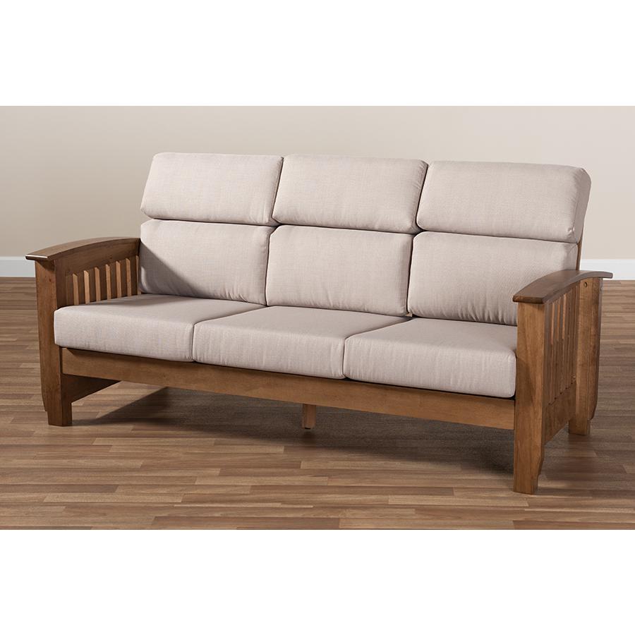 Charlotte Modern Classic Mission Style Taupe Fabric Upholstered Walnut Brown Finished Wood 3-Seater Sofa. Picture 8