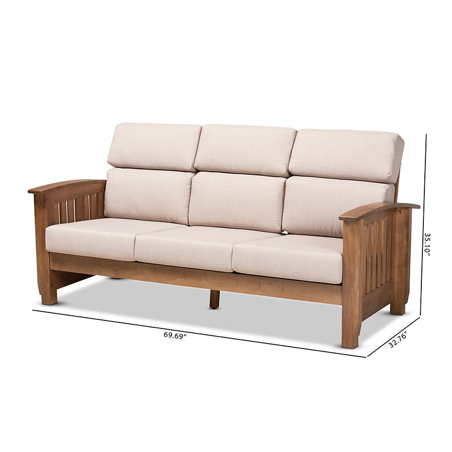 Charlotte Modern Classic Mission Style Taupe Fabric Upholstered Walnut Brown Finished Wood 3-Seater Sofa. Picture 9