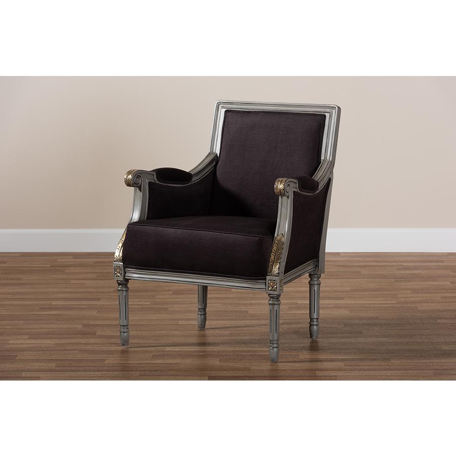 Baxton Studio Georgette Classic and Traditional French Inspired Brown Velvet Upholstered Grey Finished Armchair with Goldleaf Detailing. Picture 8