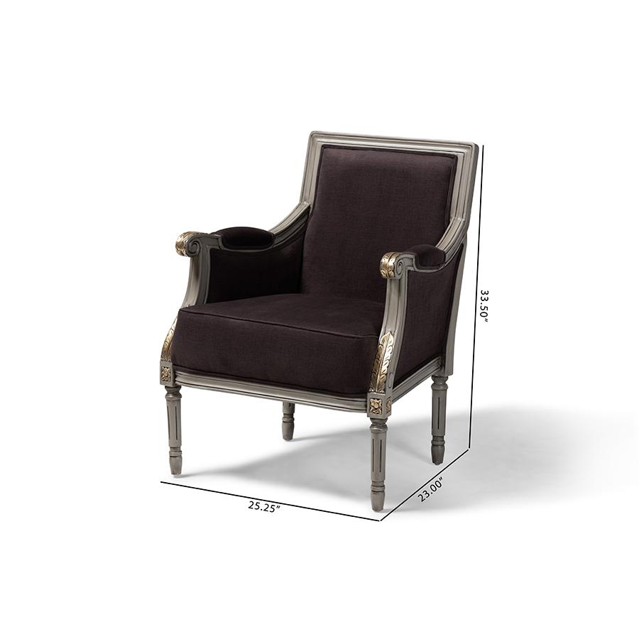 Baxton Studio Georgette Classic and Traditional French Inspired Brown Velvet Upholstered Grey Finished Armchair with Goldleaf Detailing. Picture 9