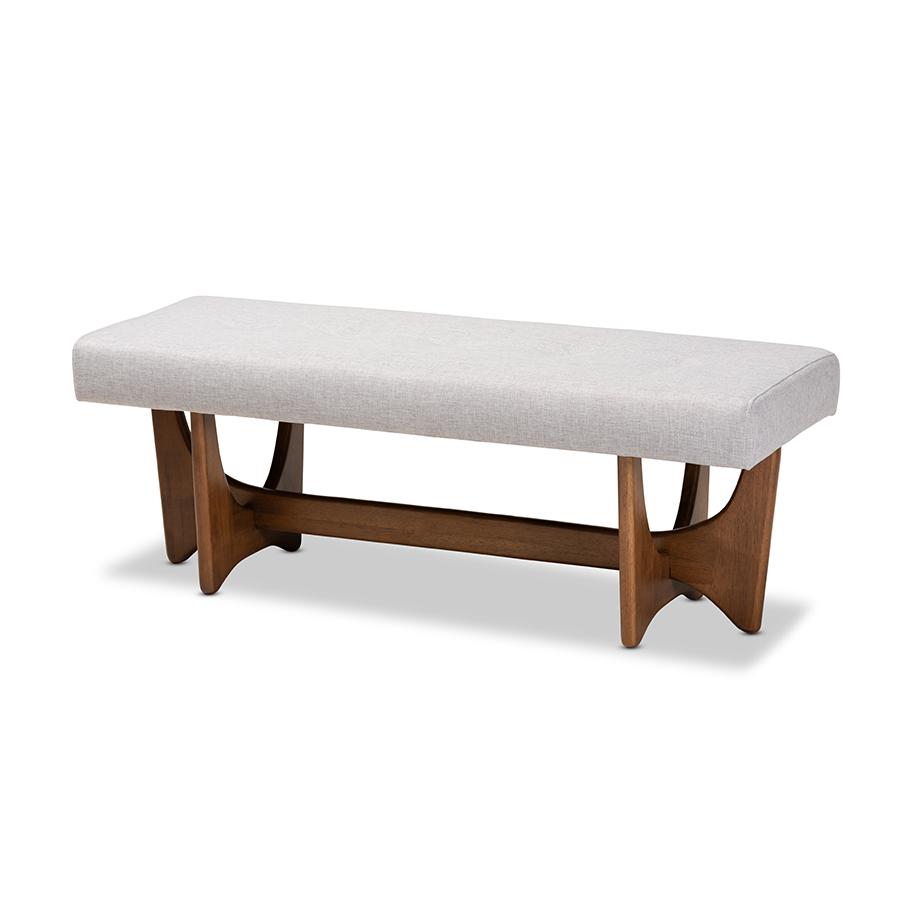 Theo Mid-Century Modern Greyish Beige Fabric Upholstered Walnut Finished Bench. Picture 1