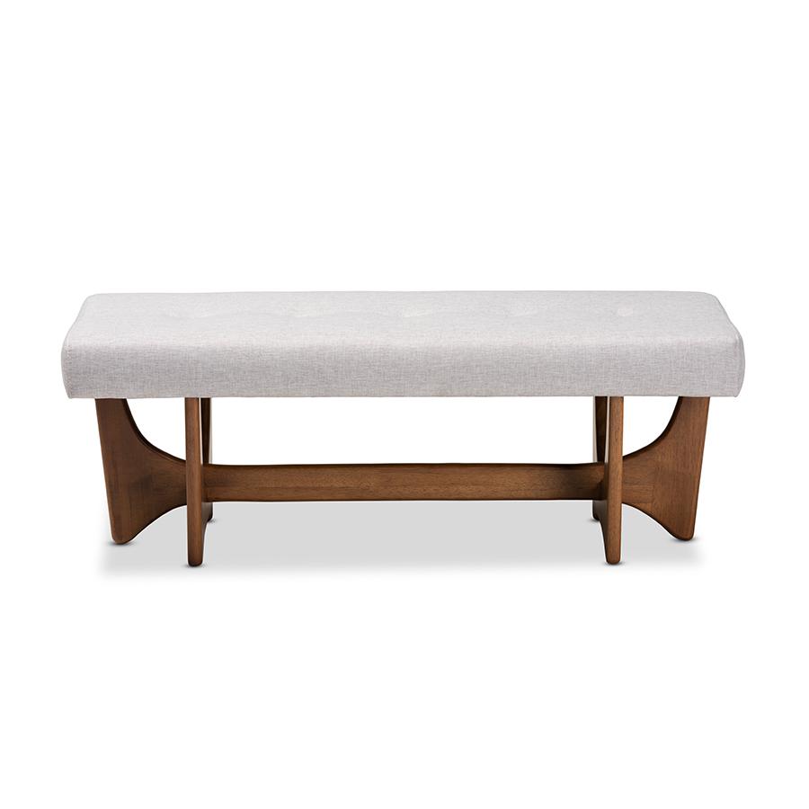 Theo Mid-Century Modern Greyish Beige Fabric Upholstered Walnut Finished Bench. Picture 2