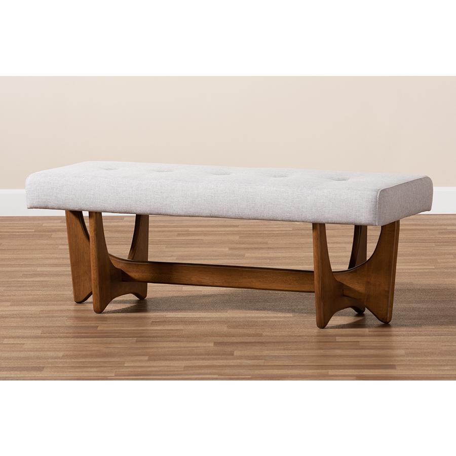 Baxton Studio Theo Mid-Century Modern Greyish Beige Fabric Upholstered Walnut Finished Bench. Picture 8