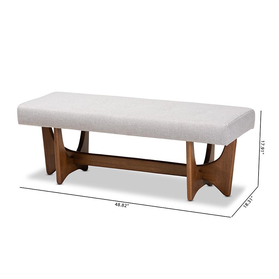 Theo Mid-Century Modern Greyish Beige Fabric Upholstered Walnut Finished Bench. Picture 8