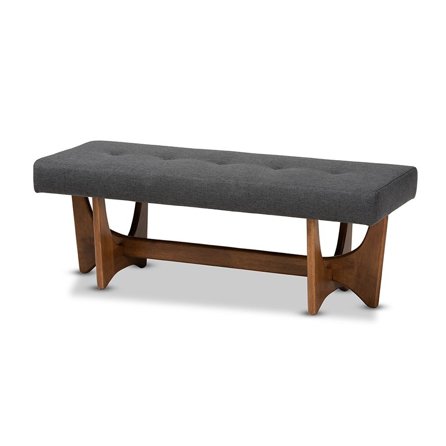 Theo Mid-Century Modern Dark Grey Fabric Upholstered Walnut Finished Bench. Picture 1