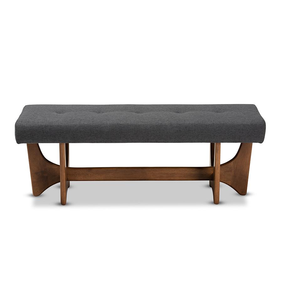 Theo Mid-Century Modern Dark Grey Fabric Upholstered Walnut Finished Bench. Picture 2