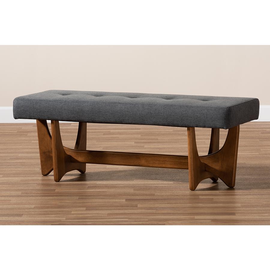 Theo Mid-Century Modern Dark Grey Fabric Upholstered Walnut Finished Bench. Picture 7