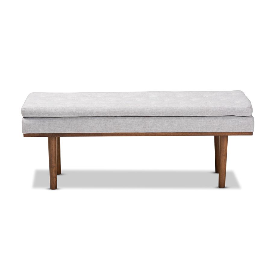 Arne Mid-Century Modern Greyish Beige Fabric Upholstered Walnut Finished Bench. Picture 2
