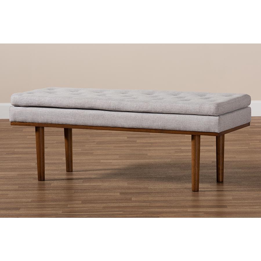 Arne Mid-Century Modern Greyish Beige Fabric Upholstered Walnut Finished Bench. Picture 7