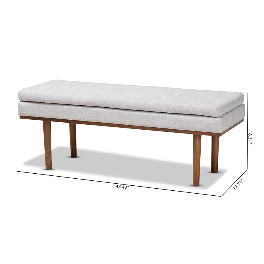 Arne Mid-Century Modern Greyish Beige Fabric Upholstered Walnut Finished Bench. Picture 8