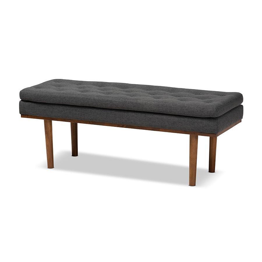 Arne Mid-Century Modern Dark Grey Fabric Upholstered Walnut Finished Bench. Picture 1